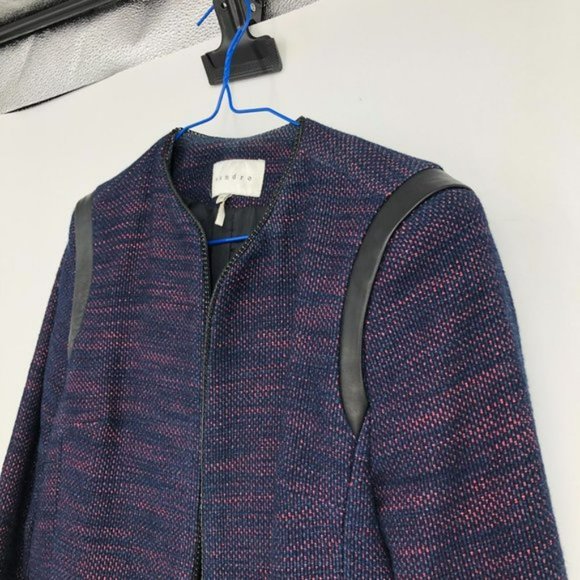 Sandro Valentin Blue and Red Tweed Blazer Jacket leather  shoulder chain details - Picture 6 of 16
